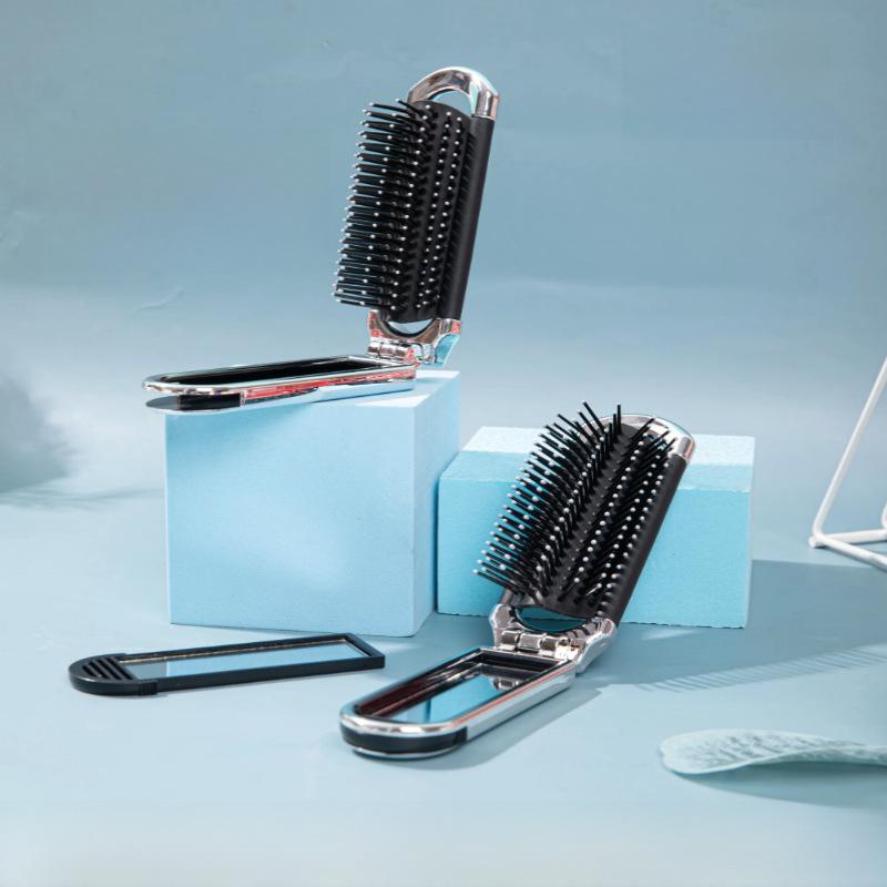 Двухфункциональная складная массажная мини-расческа с воздушной подушкой и зеркалом