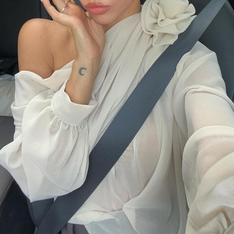 Trendy Chiffon Floral Mesh Off-Shoulder Long-Sleeve Top for Women