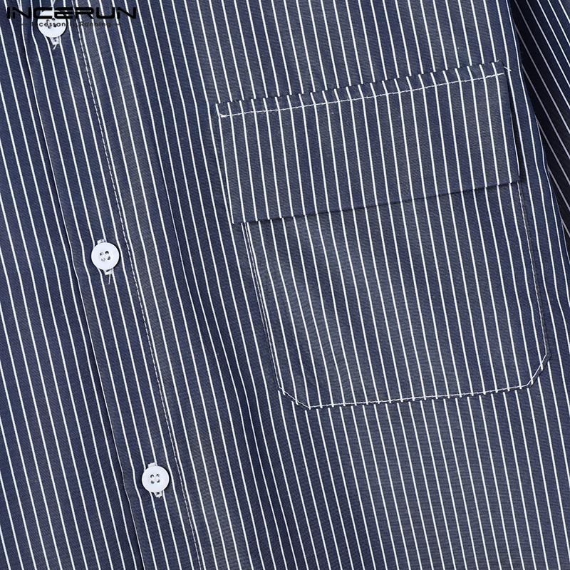 INCERUN Spring Summer Men Lapel Long Sleeve Striped Print Shirts Oversized Tops