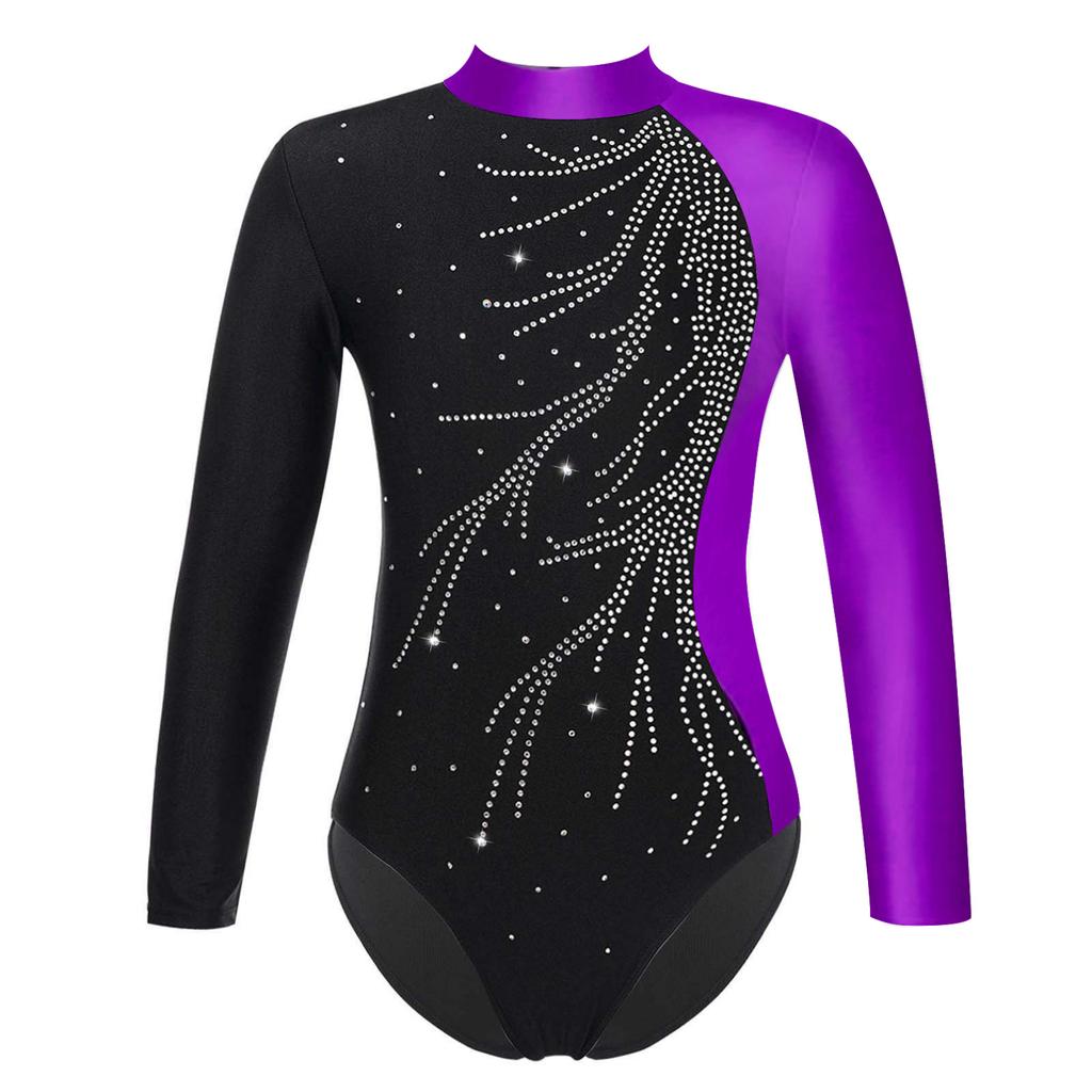Girls Kids Sparkly Rhinestones Gymnastic Leotard Long Sleeve Ballet Dance Athletic Workout Bodysuit Unitard