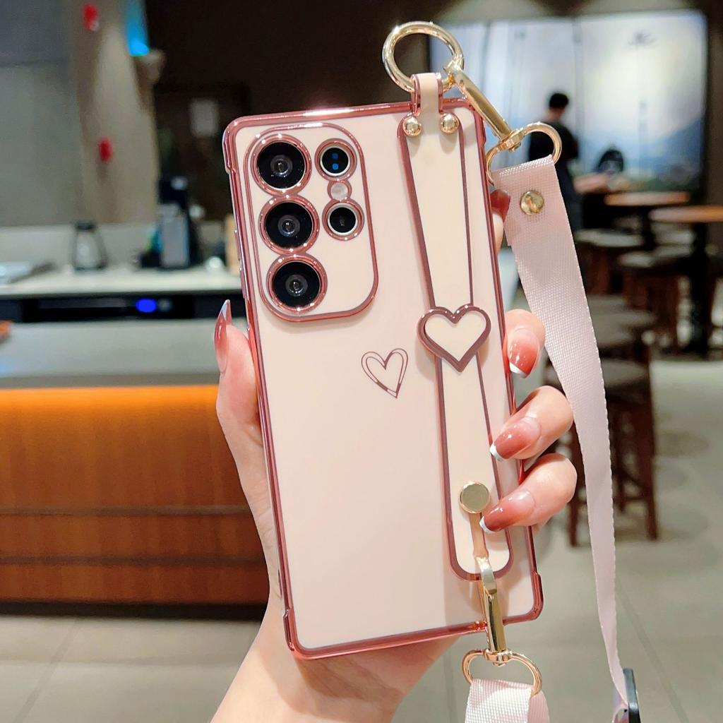 Гальваническое покрытие Любовь Подходит для чехла для мобильного телефона Samsung S25 Ultra S24FE Ремешок на запястье Подставка Шнурок A56 Защитный чехол