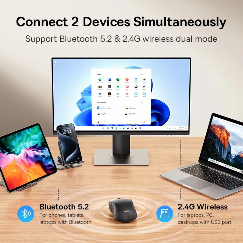 Baseus Беспроводная Bluetooth-мышь подходит для Apple Mac, Huawei Matebook, ноутбука, планшета, настольного компьютера, офиса, бесшумная, легкая мышь