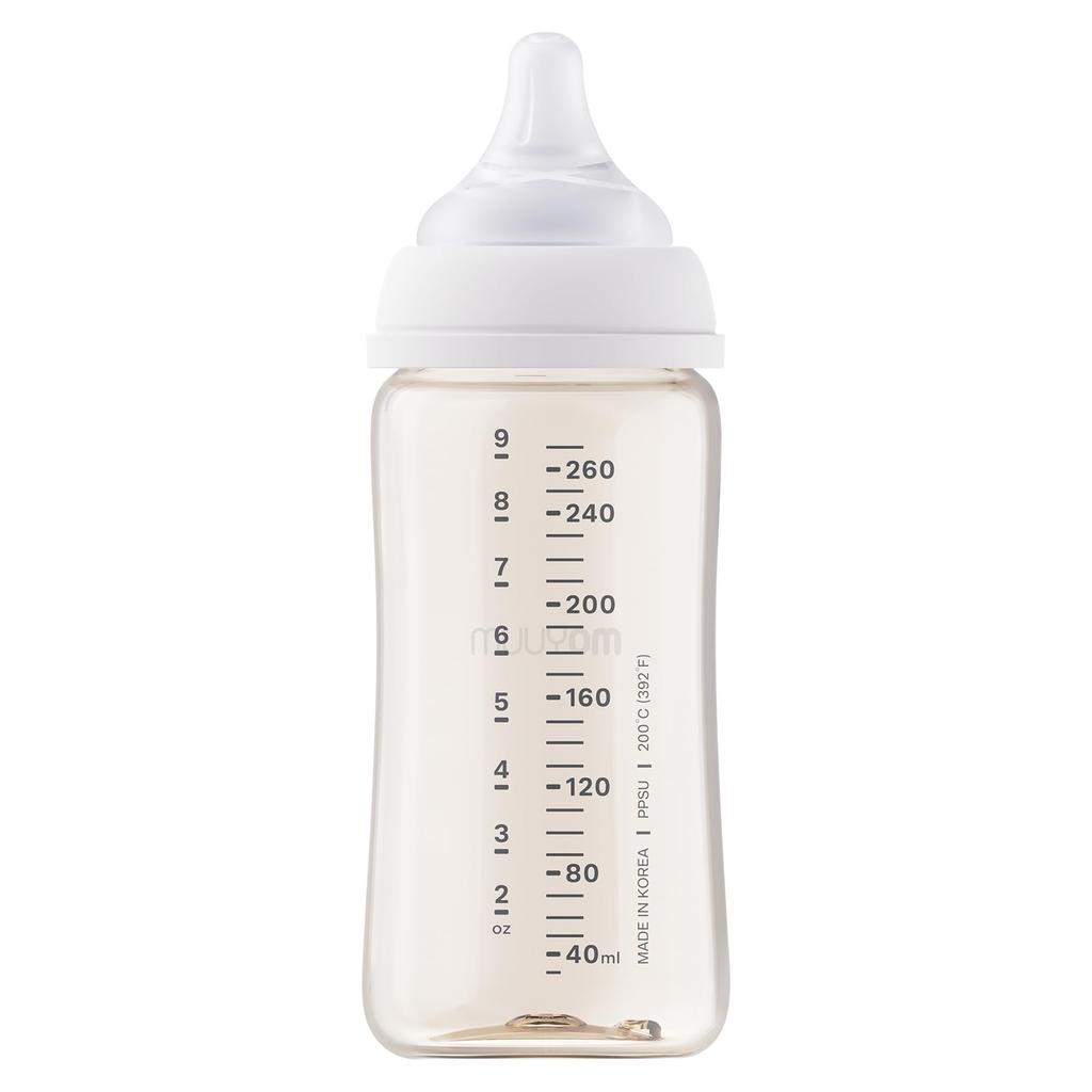 MOYUUM Plastic Baby Bottle, White, 270ml (PPSU), for Ages 3 Months and Up, Wide Neck, Round Hole, 2025 Model