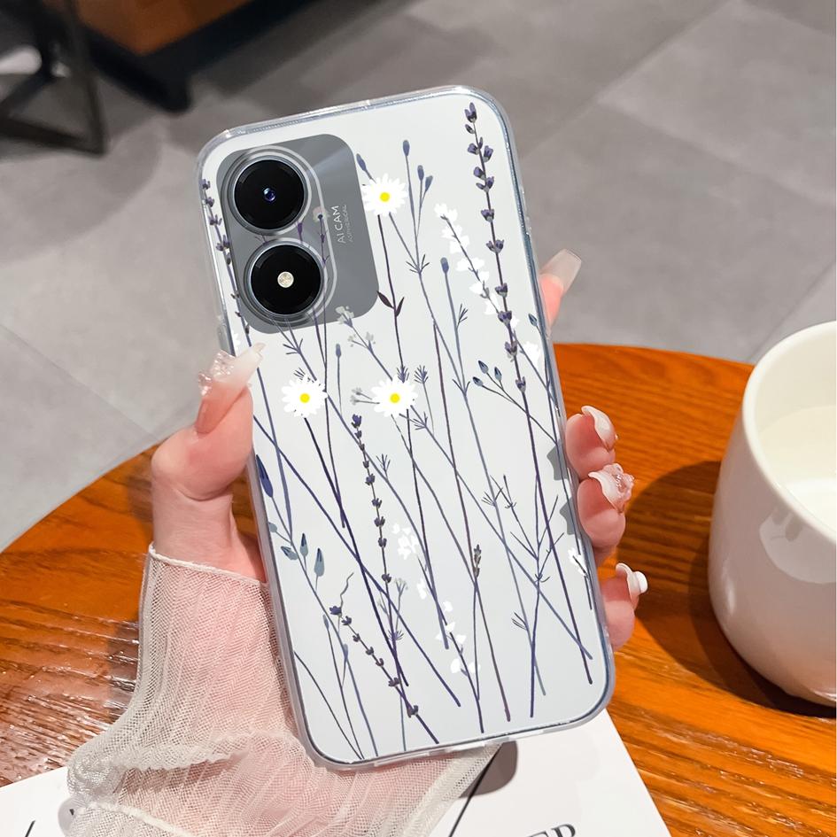 Чехол для телефона для Vivo Y27 Y15 Y21 Y20 Y36 Y33 Y02S Y10, задняя крышка, роскошная противоударная сумка для телефона, прозрачный матовый мягкий силиконовый цветок для бампера Vivo