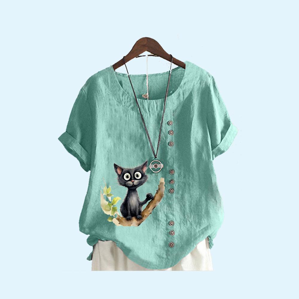 Женская свободная льняная блузка, женская модная летняя повседневная футболка с круглым воротником и принтом кота