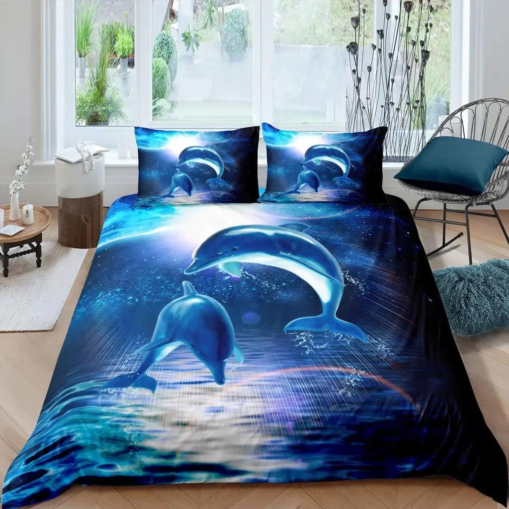 3D дельфин в синем море Queen King Size комплекты постельного белья Animal Single Quilt Duvet Cover Set Детская кровать для взрослых Полиэстеровое постельное белье