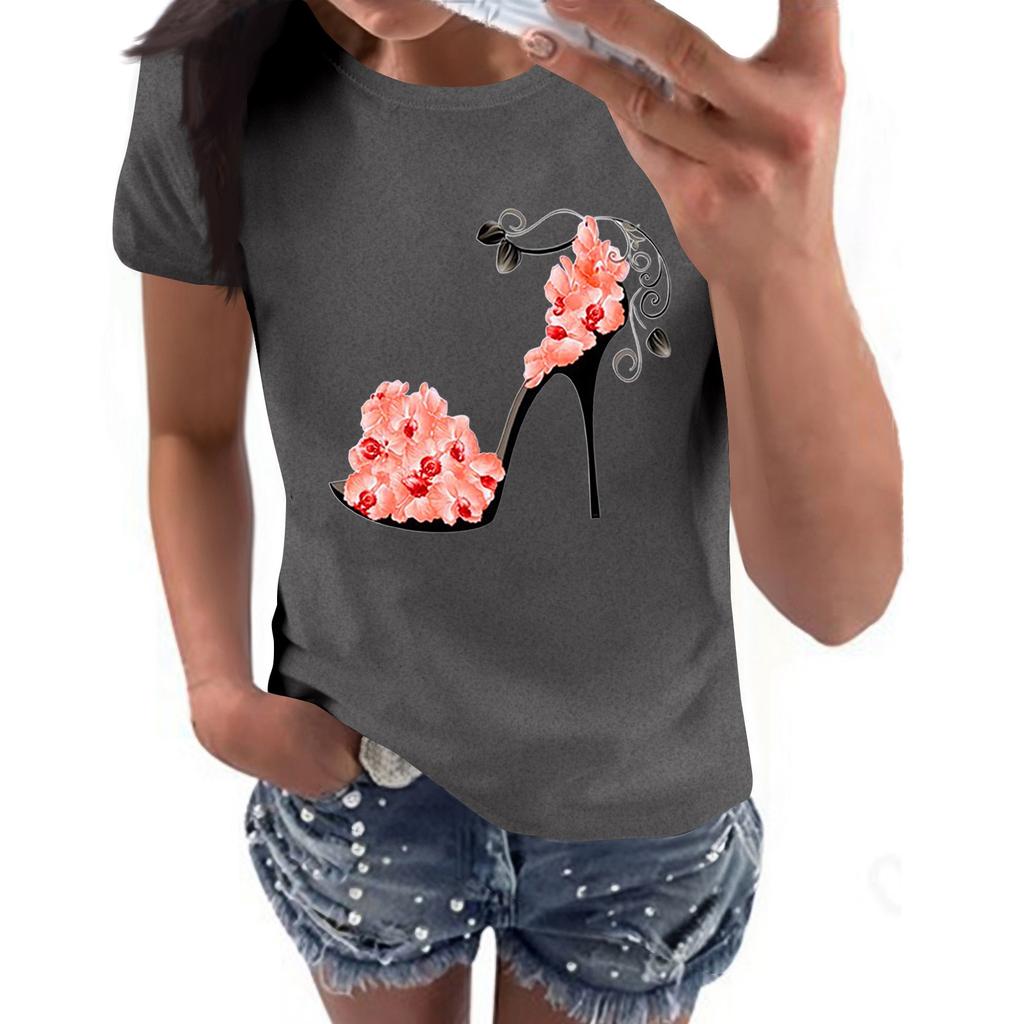 Women's Casual High Heels Floral Print Casual Short-sleeved T-shirt Pullover Round Neck Short-sleeved Top
