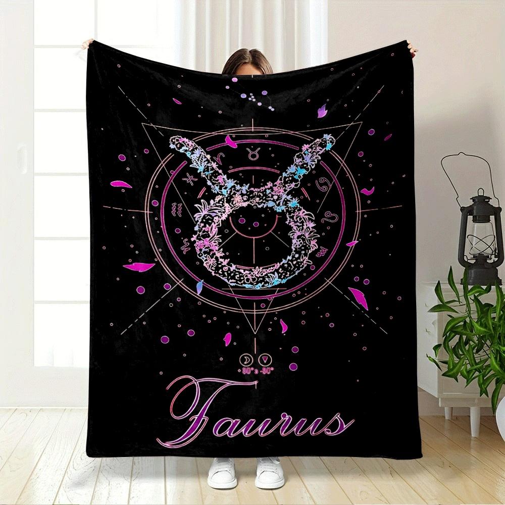 A floral Taurus zodiac sign with pink and blue accents on a cosmic design. for all seasons blanket lunch break throw gift