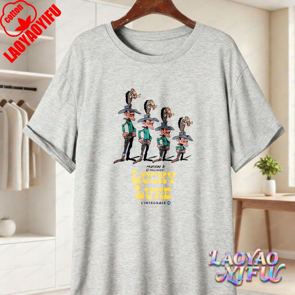 Lucky Luke Full Cast Print Casual Tops Playful Western Cartoon Cotton Tee Funny Vintage Classic Anime Shirt Trend Unisexs Clothing