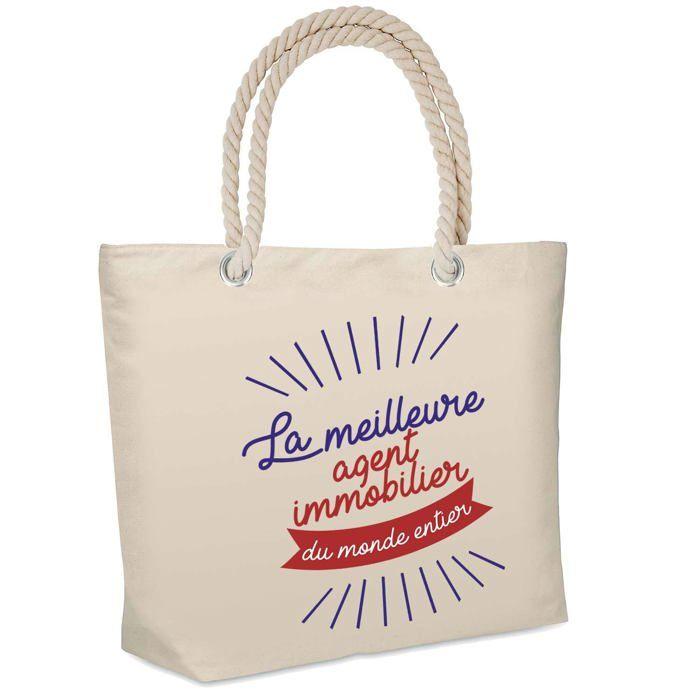 Sac de plage - PLANETEE - isotherme Agent Immobilier Meilleure du Monde - Coton naturel - Grande contenance - Imprimé en France