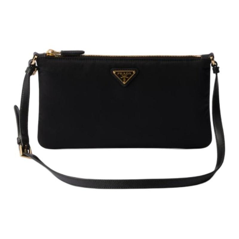 Prada Re-Nylon Enamel Metal Triangle Logo Zipper Closure Regenerated Nylon Shoulder Crossbody Bag Women's Black