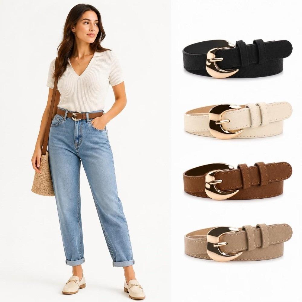 Minimalist PU Leather Belt Gold Alloy Buckle Faux Leather Waistband Slim Waist Strap For Women