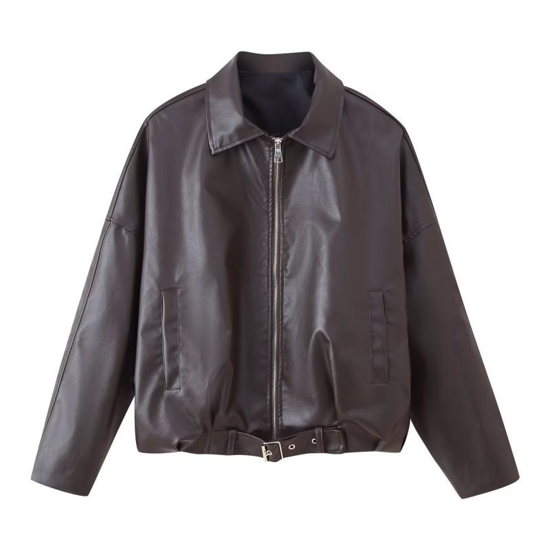 Vintage Cropped Leather Jacket Women Brown Black Loose Fit Casual Biker Style