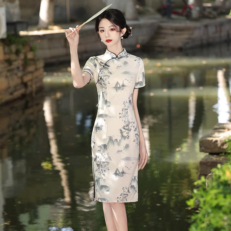 Guofeng New Chinese Medium and Long Suzhou Cheongsam Improved Young Women's High-end Retro Short Sleeve Small Summer