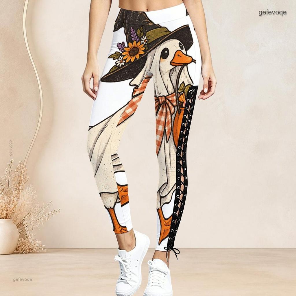 Women Plus Size High Waist Printed Leggings Side Eyelet Lace Up Full Length Fitted Pants