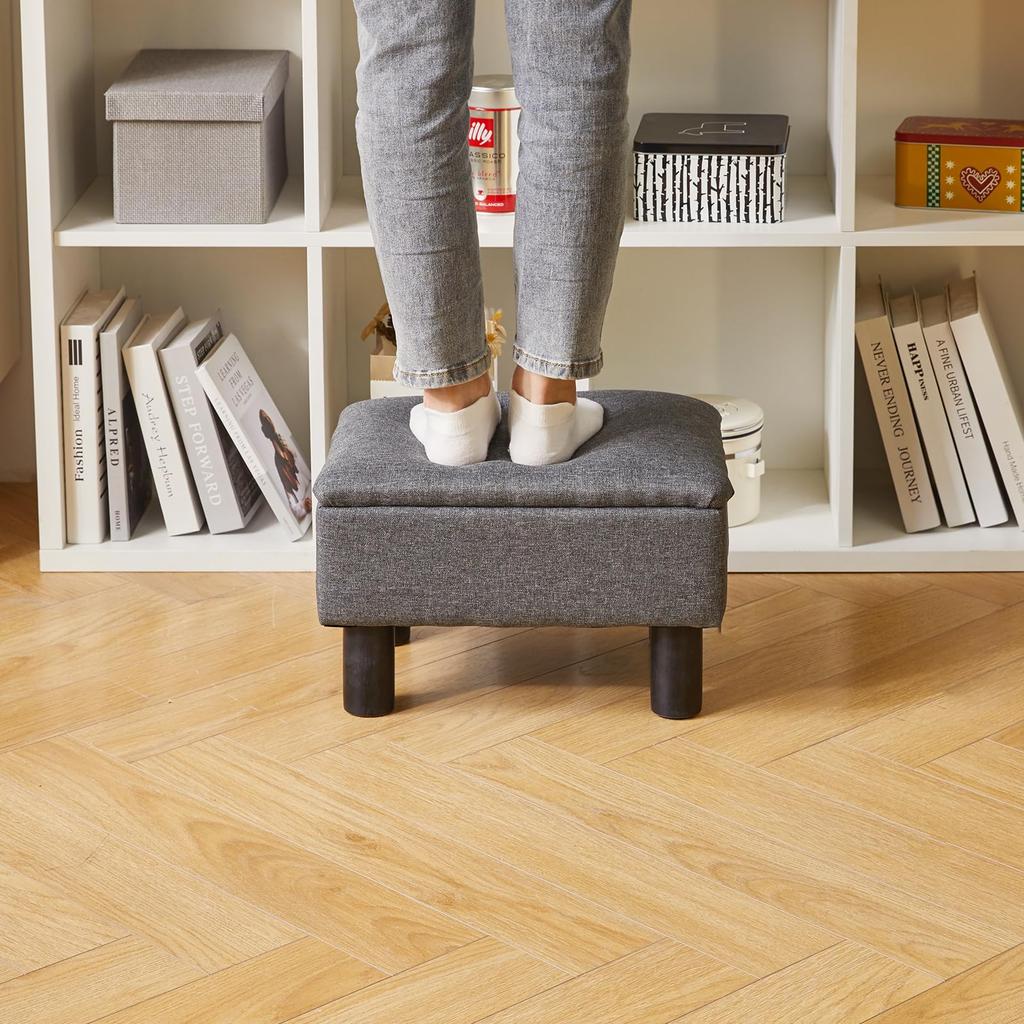 Aibiju Низкий табурет из массива дерева Мини Лен 150 кг Вес На петлях Легкие ножки, Стул с высокой упругостью, Подставка для ног, 403024 см, Ткань, Вместимость, Крышка, Серый,