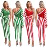 Womens Christmas Jumpsuit One Shoulder Flared Sleeve Shiny Sequin Pompom Trim Unitard One Piece Bodysuit