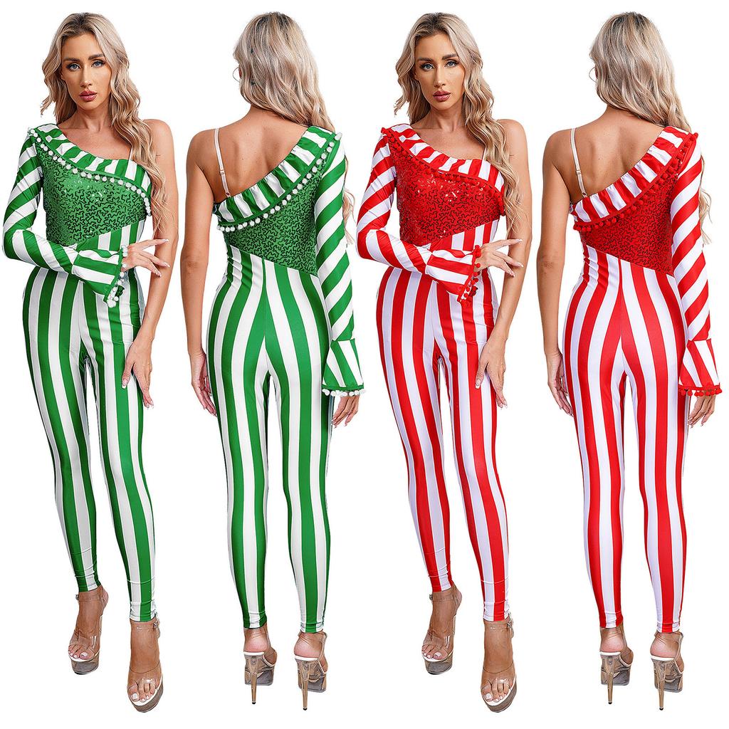 Womens Christmas Jumpsuit One Shoulder Flared Sleeve Shiny Sequin Pompom Trim Unitard One Piece Bodysuit