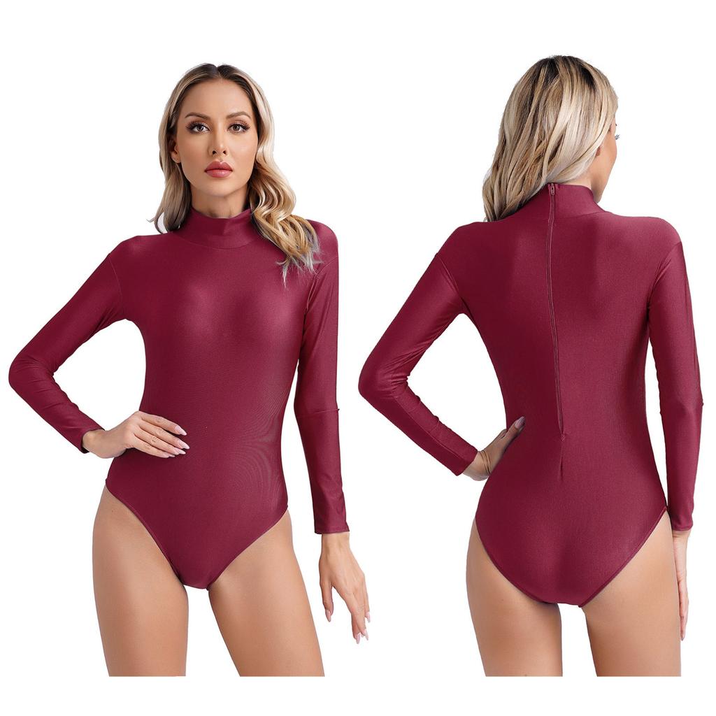Женское боди с длинным рукавом и воротником-стойкой, однотонное эластичное трико на молнии сзади, гимнастический танцевальный комбинезон