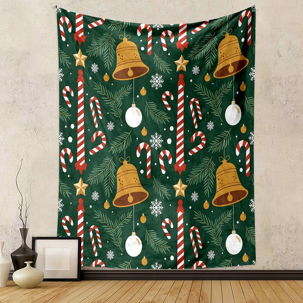 Christmas Candy Cane and Bell Pattern Patterned Tapestry Decorative Wall Hanging, Home Bedroom Living Room Decor