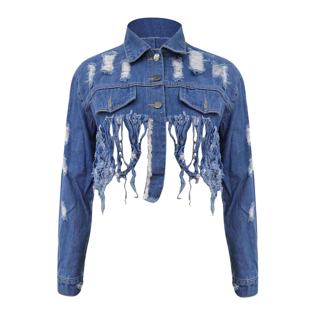 Women's Cropped Jacket With Holes On The Back And Cutout Denim Jacket
