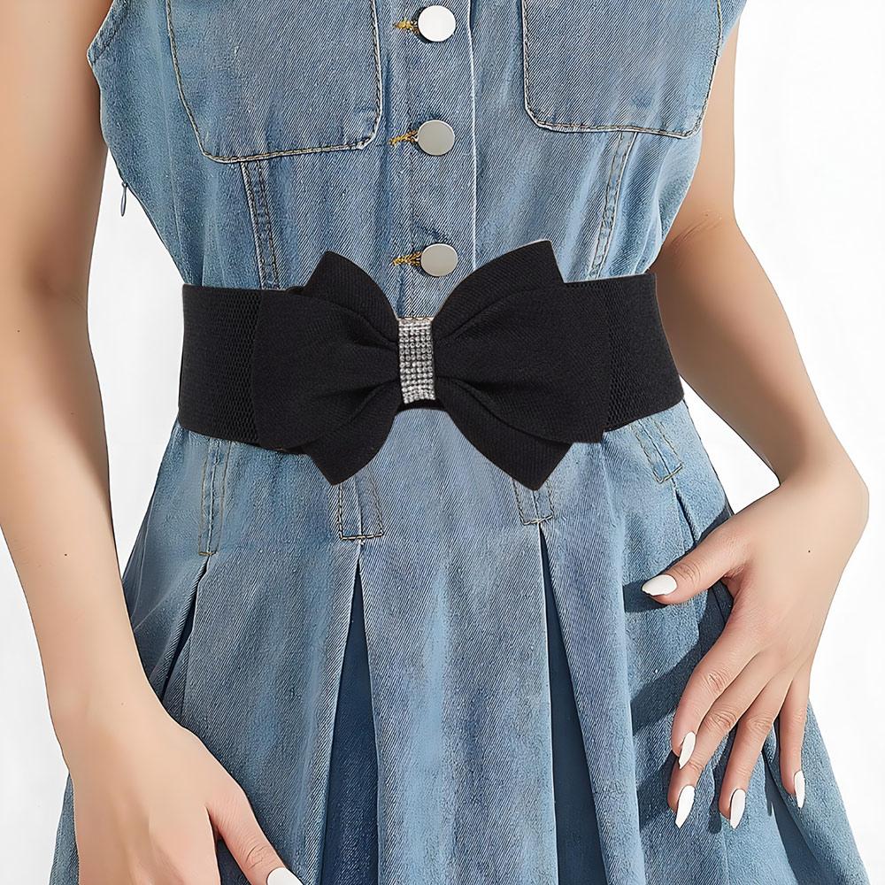 Adjustable Buckle Women's Elastic Wide Belt Solid Color Bowknot Waistband for Dress Jeans