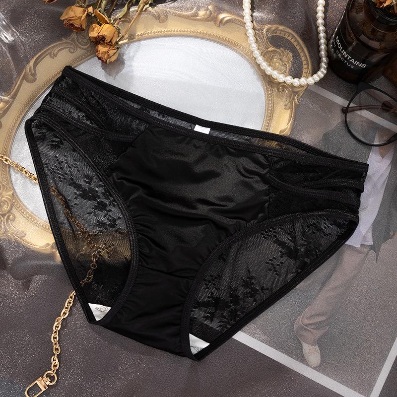 Elegant Lace Mesh Mid-Waist Satin Briefs for Women