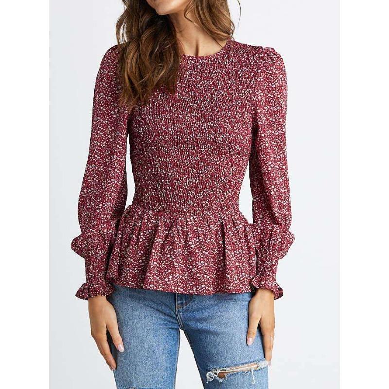 Женские модные повседневные весенне-осенние блузки и рубашки с круглым вырезом и длинными рукавами с цветочным узором и принтом