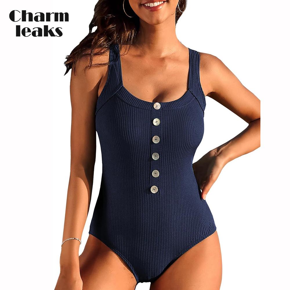 CHARMLEAKS Цельный купальный костюм для женщин, купальный костюм в рубчик с высокой талией, мягкий купальник с вырезом сзади, квадратный вырез, купальник с пуговицами-ракушками
