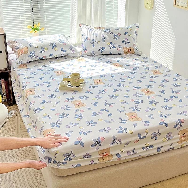 Зеленый клетчатый узор Набор простыней на резинке Любовь Сердце Защитный чехол для матраса 3 предмета Хлопковый постельный комплект Дышащий, приятный для кожи