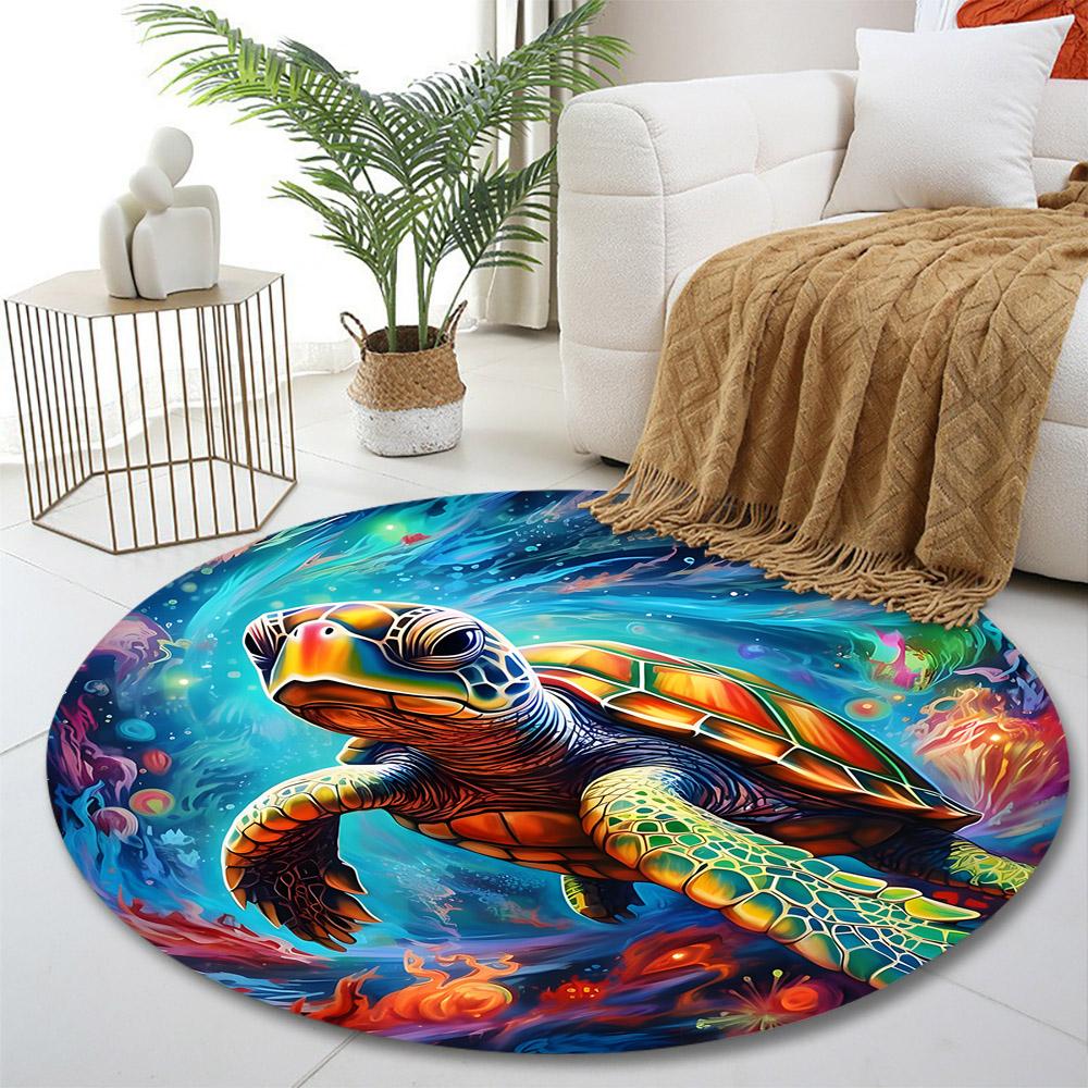 "Colorful Sea Turtle Ocean Art" Print round rug, living room, bedroom, playroom carpet, non slip floor mat, gift