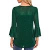 Women's Solid Color Seven Quarter Sleeved Shirt With Pleated Flared Sleeves And Round Neck Mesh Top