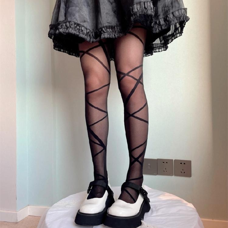 Women Japanese Style Silky Pantyhose Irregular Crossed Straps Patterned Tights