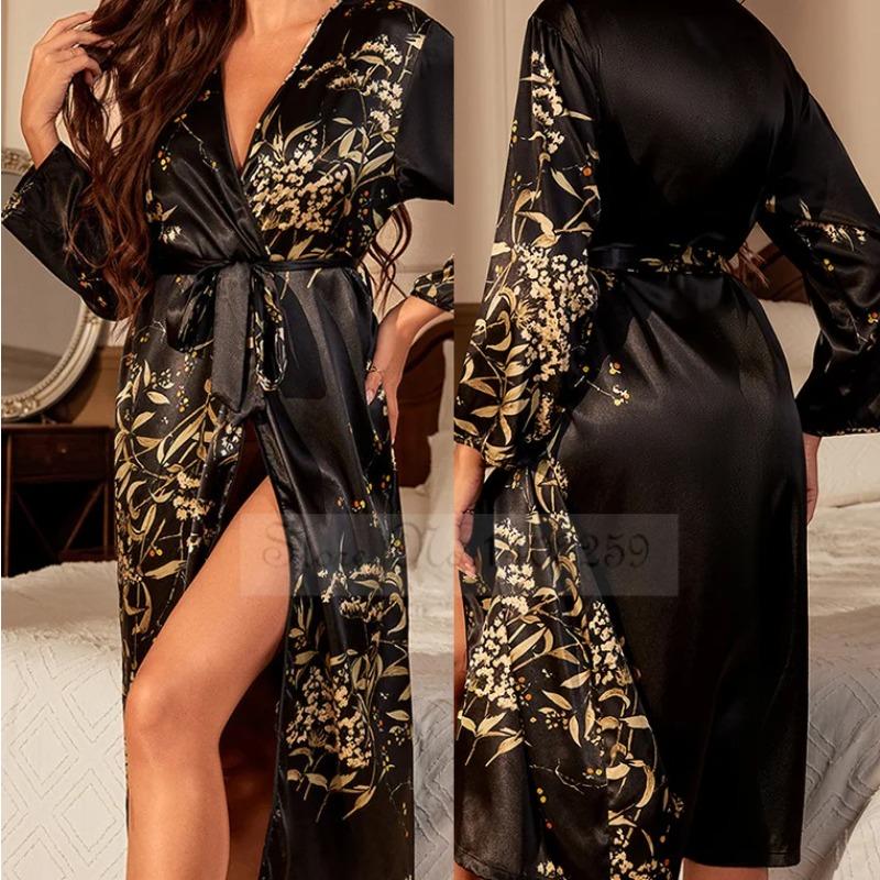 Черный Цветочный Принт Длинный Халат Ночная Рубашка Шелковый Сатин Женская Одежда для Сна Ночная Рубашка Весна Жаркий Сезон Свободный Кимоно Халат-Банное Полотенце Домашняя Одежда