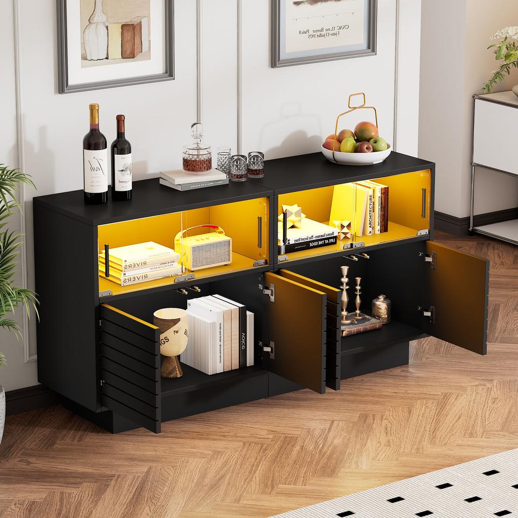 130*35*68cm Sideboard with 2 Cabinets, 4 Compartments, Glass Doors, Side Cabinet with LED Light, Living Room Cabinet with Lots of Storage Space