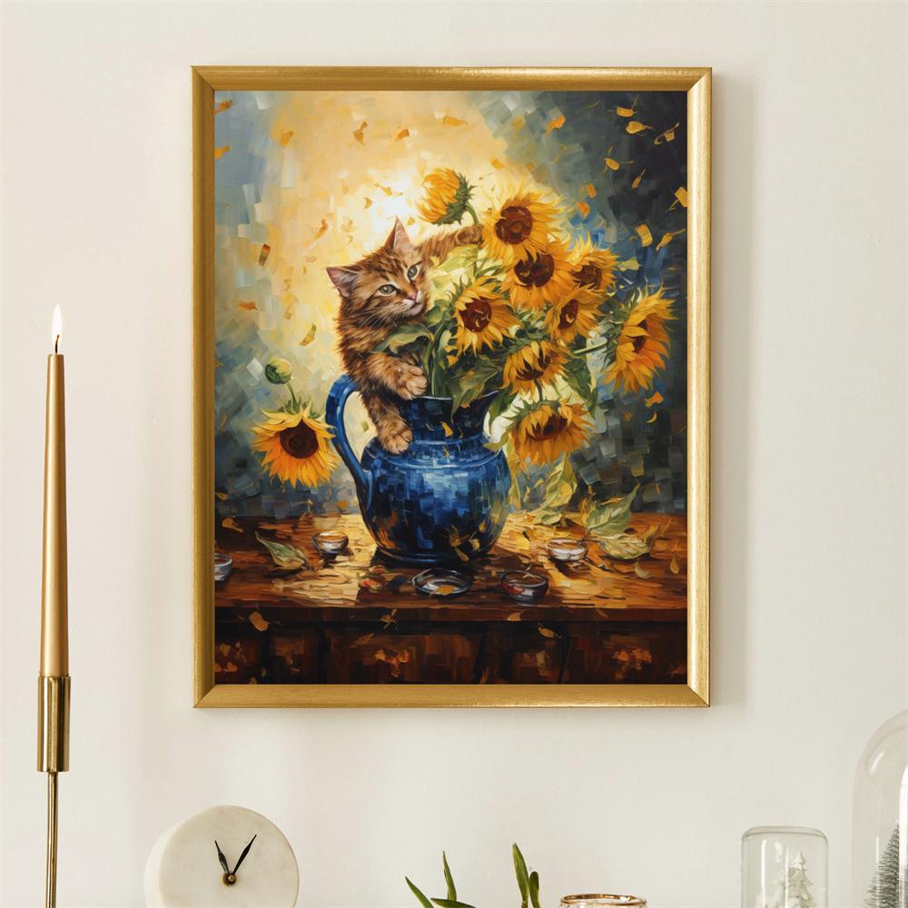 Cat With Pearl Earring Print Mona Lisa Cat Classic Art Cat Poster Renaissance Style Wall Art Parody Cat Canvas Painting Decor