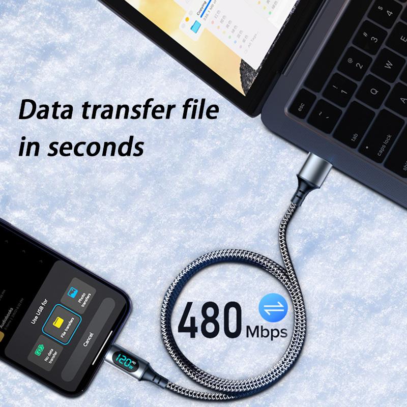 6A 120W Cable Super Fast Charge Cable USB A to Type C Nylon Data Cord With Led Digital Display Cable For Xiaomi 17 POCO Samsung