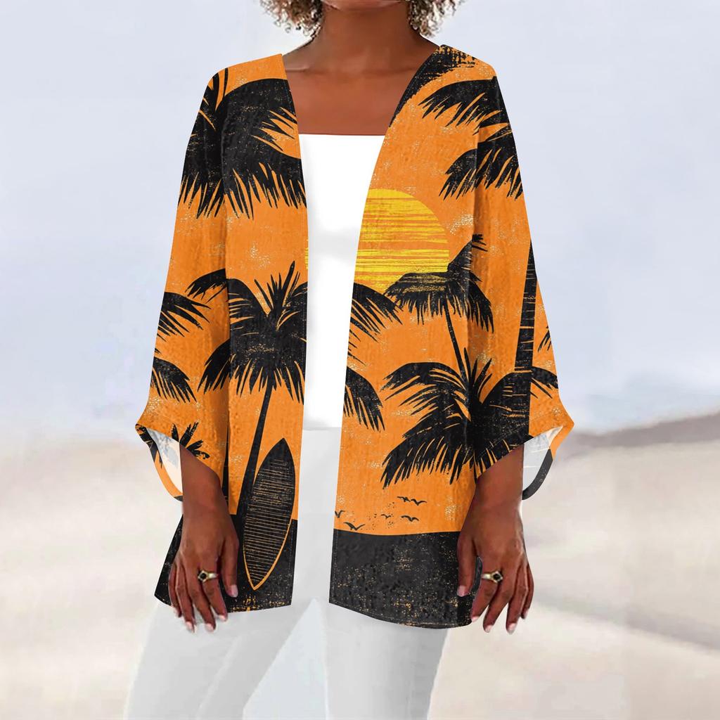 Women's Casual Fashion Beach Ocean Tree Print Lightweight Mid-Length Jacket Cardigan
