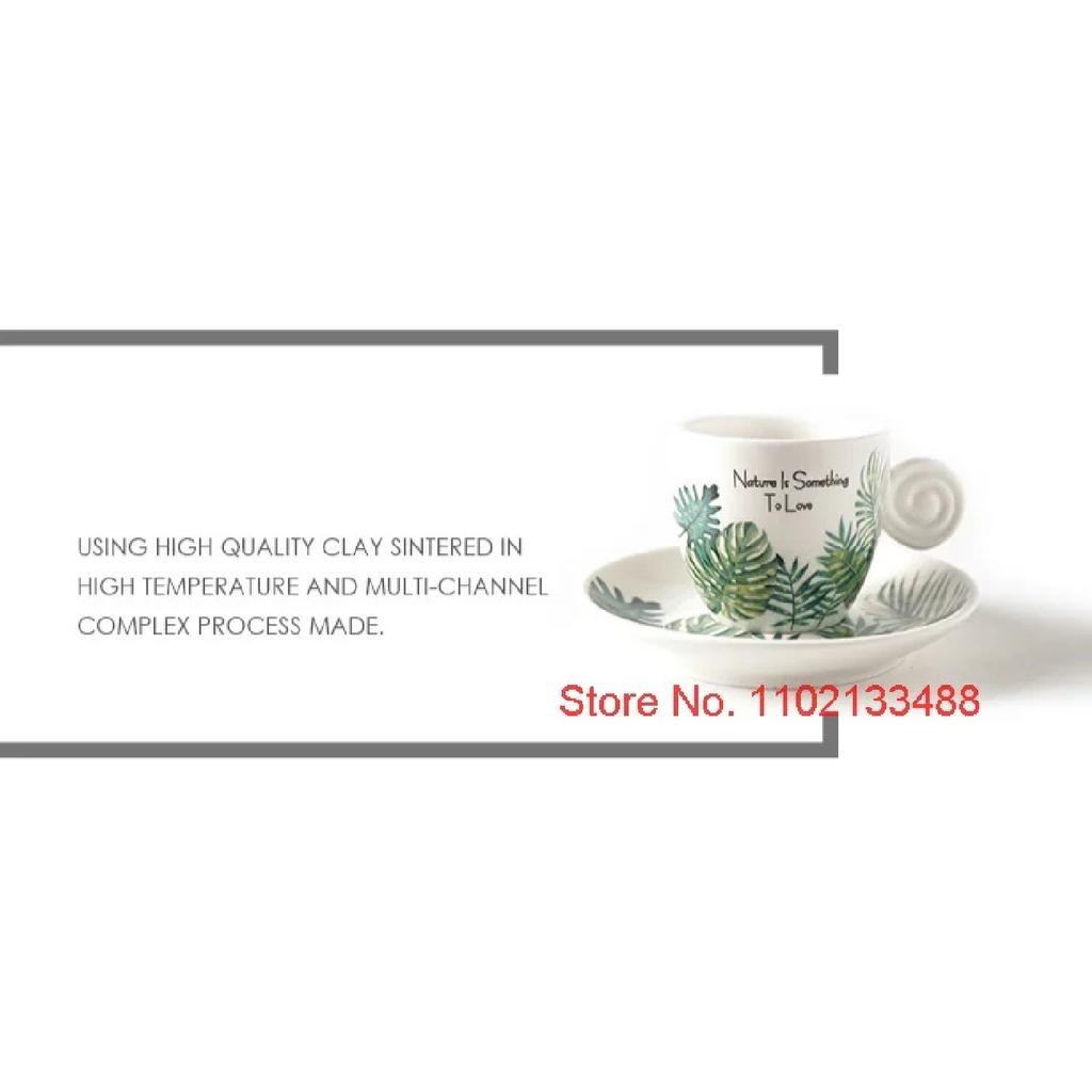 90ml Ceramics Coffee Cup And Saucer Set Nordic Fresh Cafe Drinkware Plant Monstera Office Mug Milk ESPRESSO SHOT Teacup For Girl