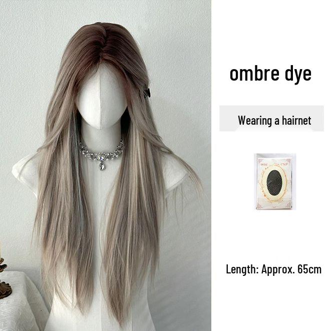 Азиатский длинный прямой парик на кружевной основе - Градиентное окрашивание, пробор посередине, полное покрытие головы, натуральный вид для женщин