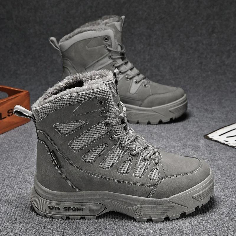 Модные зимние теплые плюшевые меховые сноубутсы Водонепроницаемая кожа Мужская обувь Уличные нескользящие рабочие ботинки Боевые пустынные ботинки Мотоциклетные