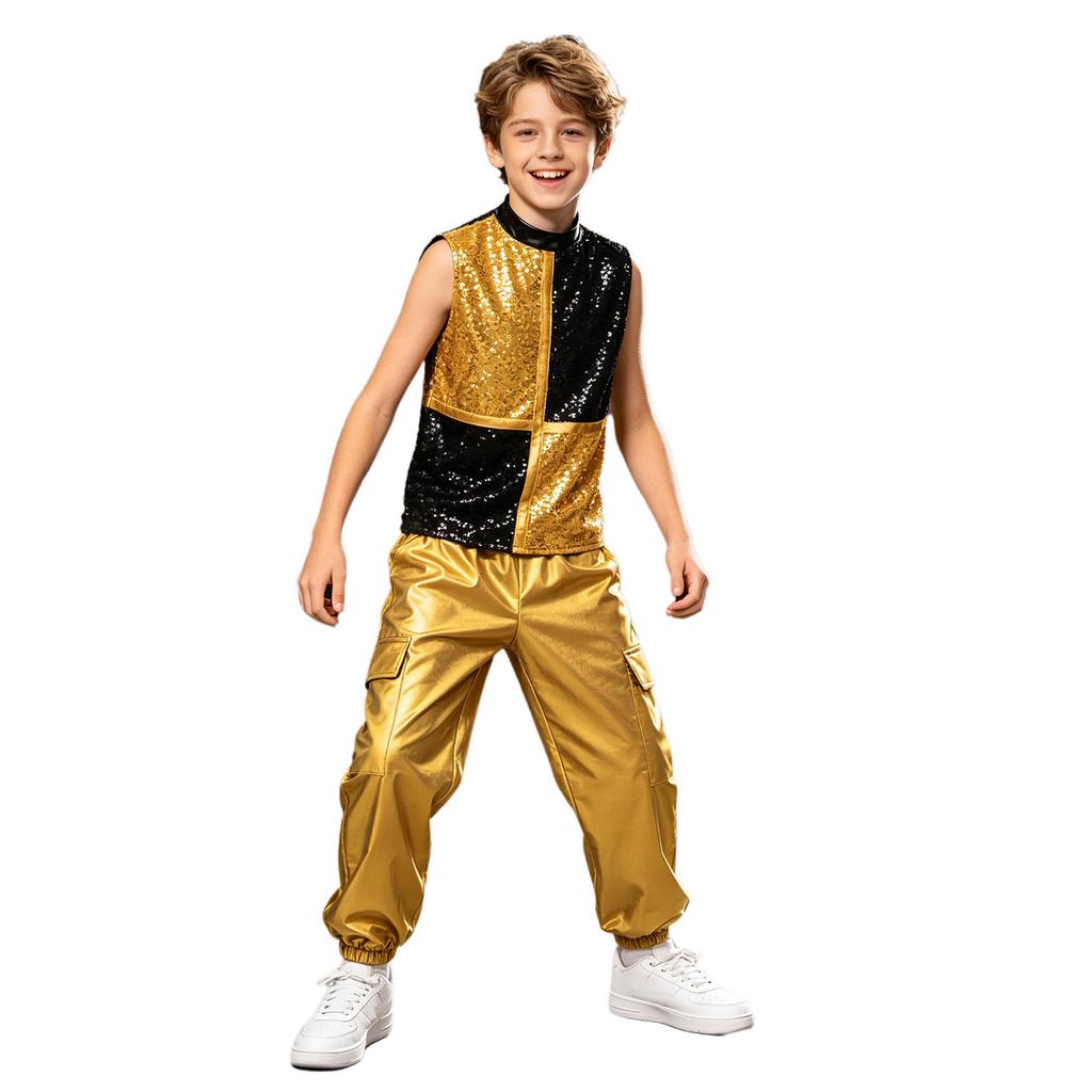 Boys Metallic Jazz Dance Costume Mock Neck Sleeveless Back Zipper Shiny Sequins Color Block Top Cargo Pants