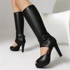 Модная летняя женская обувь на платформе, высокие каблуки, ботфорты до колена, сексуальные туфли с открытым носком и вырезами по бокам, туфли на высоком каблуке, сандалии с пряжкой, лодочки, женские, черные