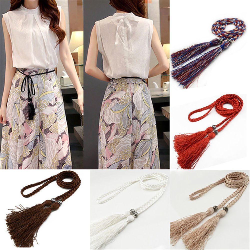 Thin Rope Self-Tie Woven Tassel Belt Bowknot Decorated Waist Women Braided