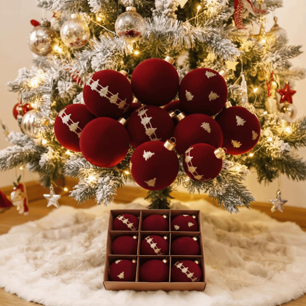 Dark Red Flocked Christmas Balls Elk Pattern Tree Hanging Baubles Creative Crafters