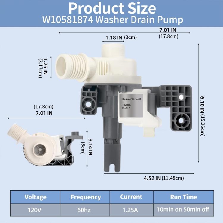 W10581874 Сливной насос стирально-сушильной машины в сборе для WTW7300DW0 MVWB755DW0 7MM MVW WTW 7MW AP5949627 MVWB835DW0 WTW7000DW0