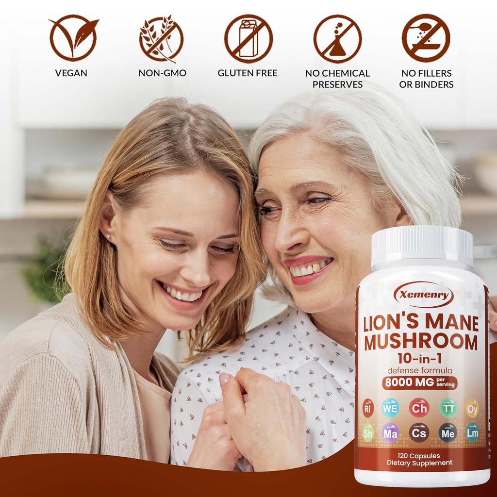 Lion's Mane Mushroom Capsules - Brain Memory Focus Immune Support Supplement