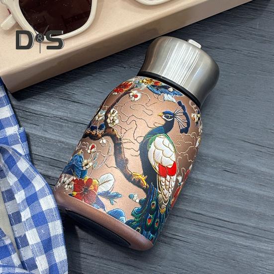 Термос с узором павлина из нержавеющей стали, винтажный цветок, термос, 300 мл, двухслойный изоляционный стеклянный чайник с герметичной крышкой