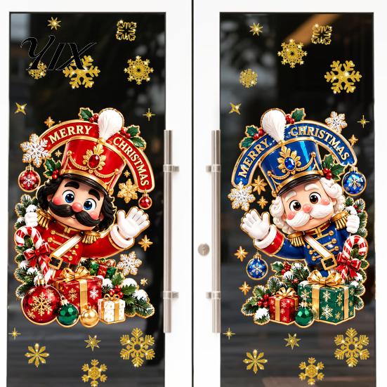 Indoor Window Decorations 2Pcs Christmas Nutcracker Clings, Cartoon Soldier & Snowflake Static Glass Stickers, Retro Style Decals Reusable PVC