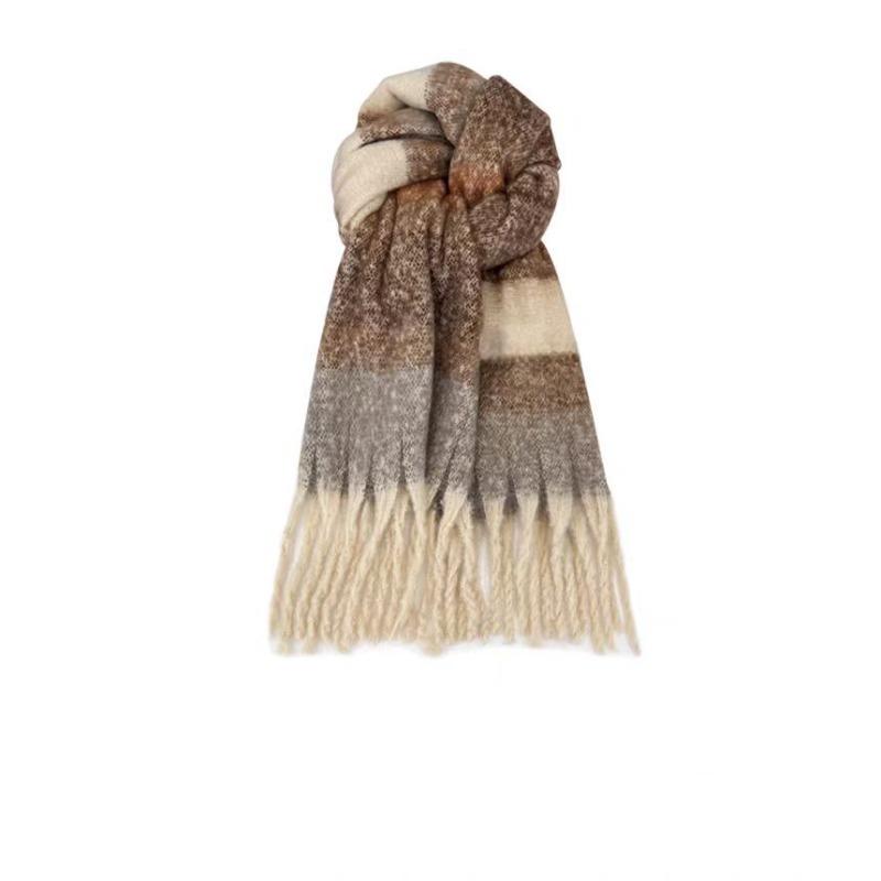 Plaid Scarf Women's Atmosphere Warm New Dry Rose Powder Autumn and Winter White Soft Fringed Shawl Scarf
